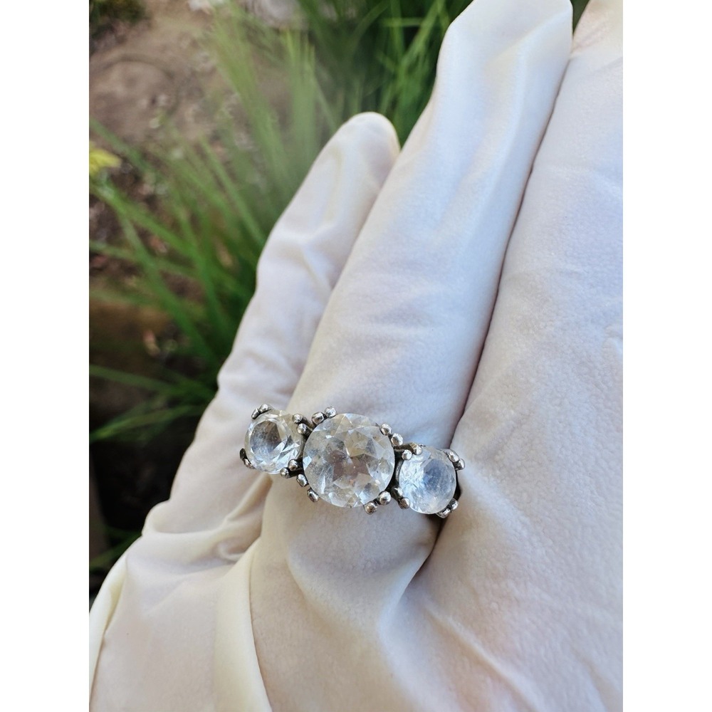 Sterling Silver 925 Three Stone Clear CZ Ring Size 7.5 Vintage Statement